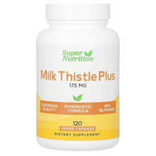 Super Nutrition Milk Thistle Plus supplement bottle, 120 veggie capsules label front.