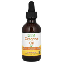 Oregano oil supplement bottle with black dropper, Super Nutrition label front