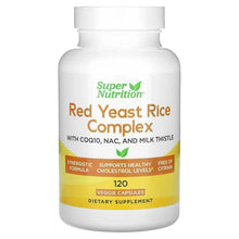 Red yeast rice complex supplement bottle with flip-top white cap, 120 veggie capsules