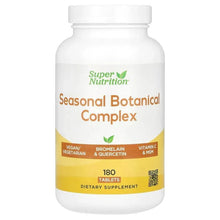 Dietary supplement bottle, Seasonal Botanical Complex label, 180 tablets, vegan