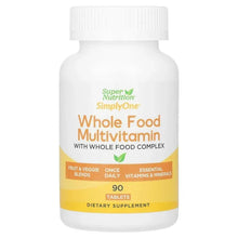 Whole food multivitamin bottle with white cap and yellow label, 90 tablets.