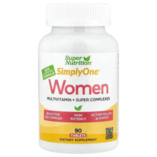 Women multivitamin supplement bottle with white cap and front label, 90 tablets