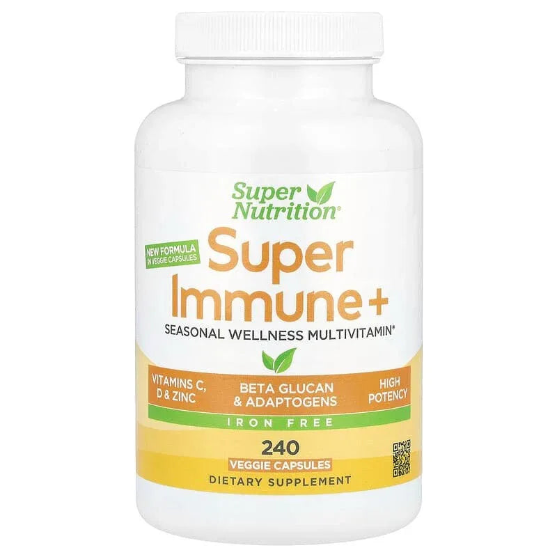 Super Nutrition, Super Immune+ Multivitamin with Vitamin C, Vitamin D, and Beta Glucan, Iron Free, 240 Veggie Capsules - USA MEGA SHOP