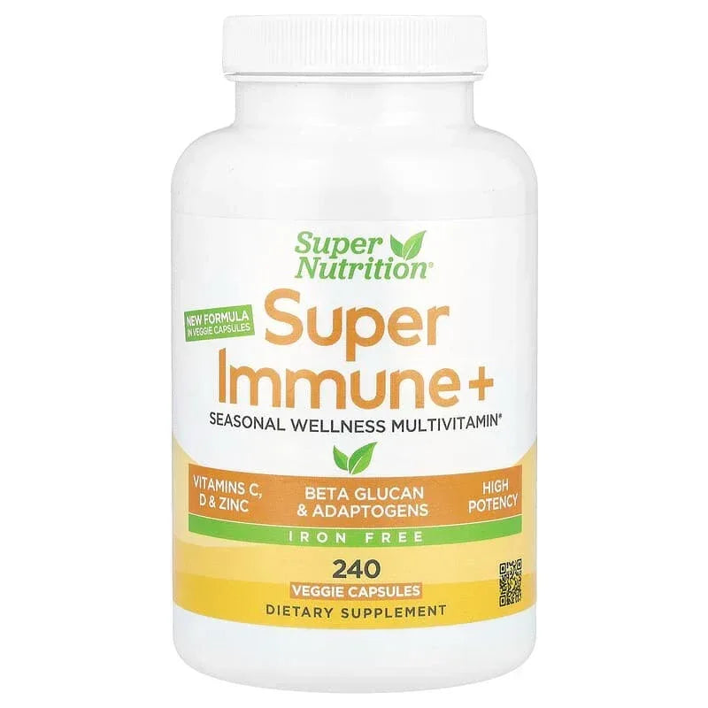 Super Nutrition, Super Immune+ Multivitamin with Vitamin C, Vitamin D, and Beta Glucan, Iron Free, 240 Veggie Capsules