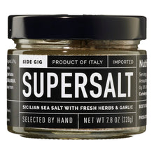 SuperSalt Sicilian sea salt blend jar close-up, front label and black lid