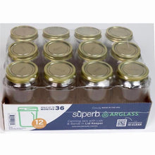 Pack of wide-mouth glass canning jars with gold-tone lids, 12-count packaging