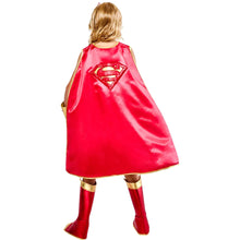 Children's superhero costume back view: red cape dress with gold emblem and boots