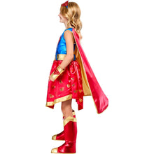 Children's superhero dress costume with red cape, blue chest panel, gold belt and boots