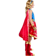 Children's superhero dress costume: side view blue top, red skirt, gold trim, cape
