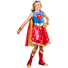 Children's superhero dress costume with blue bodice, red skirt, gold trim, cape