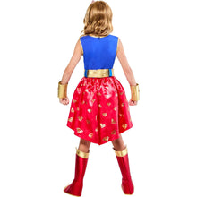 Children's superhero costume back: blue top, red skirt with gold accents, gloves and boots
