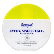 Supergoop watery face lotion SPF 50 in yellow-and-white jar container