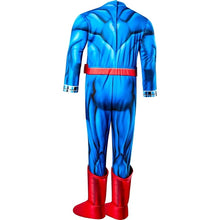 Toddler Superman muscle-chest costume, back view with red belt trim and tall boots