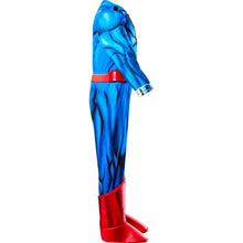 Toddler Superman muscle-chest costume, angled side view with red boots and blue suit print