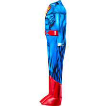 Toddler Superman muscle-chest costume, side view showing blue muscle print and red boot covers
