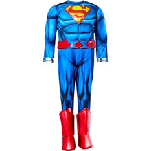 Toddler Superman muscle-chest costume, centered front view with red emblem belt