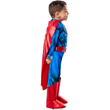 Toddler Superman muscle-chest costume, side view with red cape and blue suit
