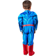 Toddler Superman muscle-chest costume, back view in blue with red boot covers