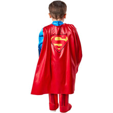 Toddler Superman muscle-chest costume with red cape, back view showing yellow emblem