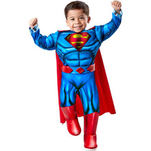 Toddler Superman muscle-chest costume, blue body with red belt and cape, arms raised