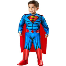 Toddler Superman muscle-chest costume in blue with red cape and boot covers, front view
