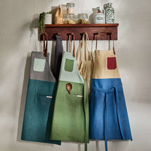 Color block aprons with patch pockets and waist ties, teal green and blue set