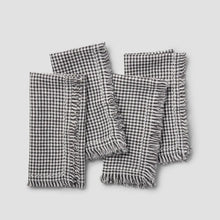 Gingham linen napkin set of 4 in dark check, fringed edges