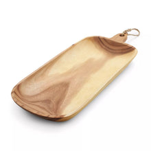 Acacia oval serving platter with rope handle, light wood finish and curved rim.