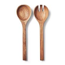 Acacia wood salad spoon and fork set with rounded bowls and three-tine fork