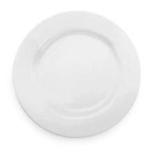 White round salad plate with shallow rim and smooth glossy surface, top view.