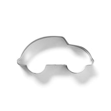 Metal car-shaped cookie cutter with rounded body and open wheel cutouts
