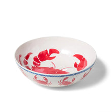 Crab melamine serve bowl with red crab print and blue rim, white base