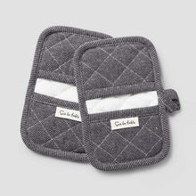 Denim mini oven mitts set of 2, dark gray check pattern, stitched cuff and white logo labels