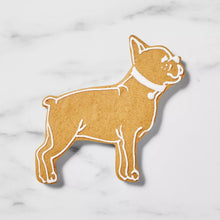 French bulldog cookie, embossed baked cookie shaped like a standing Frenchie