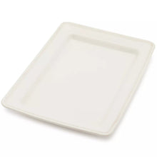 Rectangular pearl white stoneware serving platter with raised dotted rim border