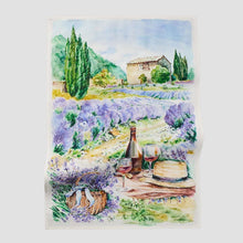 Sur La Table Provence kitchen towel with lavender field and rustic table illustration