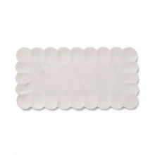 Rectangular white marble platter with scalloped edges and natural gray veining