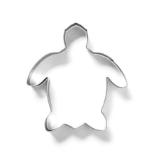 Sea turtle cookie cutter, stainless-steel outline with flippers.