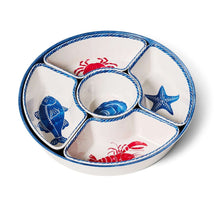 6-section serve platter, white with blue trim and fish, starfish, and red crab design