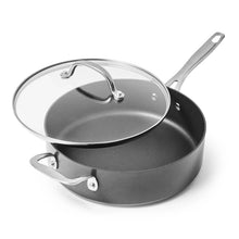 Nonstick sauté pan with glass lid, dark interior, twin side handles