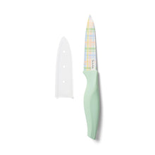 Paring knife set with mint handle and plaid-patterned blade