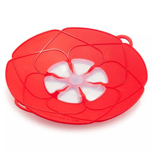 Red spill stopper lid with circular fan vent and loop handle