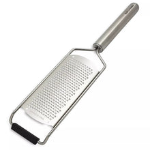 Stainless steel fine grater with ergonomic handle and small perforated shredding plate