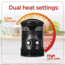 Black portable space heater with top grille and two front control knobs