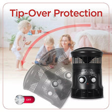Black portable space heater shown at an angle with front grille and control knobs