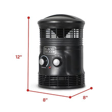 Black portable space heater with front grille and red height/width dimension markings