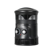 Black portable space heater with front grille and two round control knobs