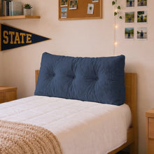 Sutton Place headboard wedge pillow in blue, tufted fabric rectangle for bed back support
