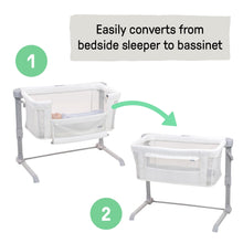 Cream co-sleeping bassinet shown in two positions with adjustable stand