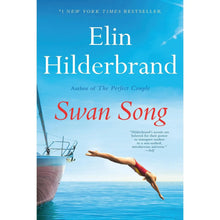 Paperback novel cover with blue sky, swimmer, and red Swan Song title by Elin Hilderbrand